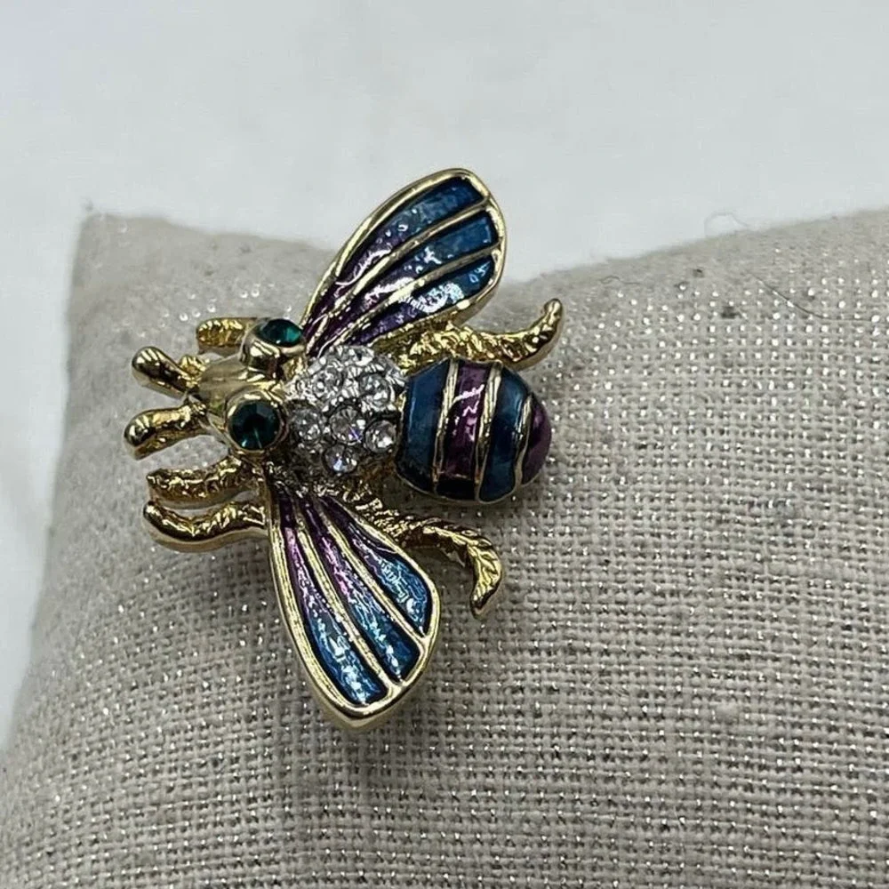 Bumble Bee Multicolor‎ Blue Purple Enamel Gold Tone Brooch